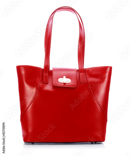 Red handbag on a white back...