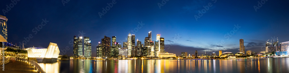 panoramic skyline and illuminated cityscape at riverbank