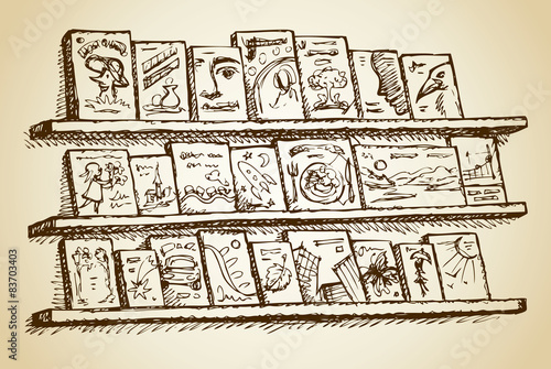 Bookshelves with books. Vector drawing
