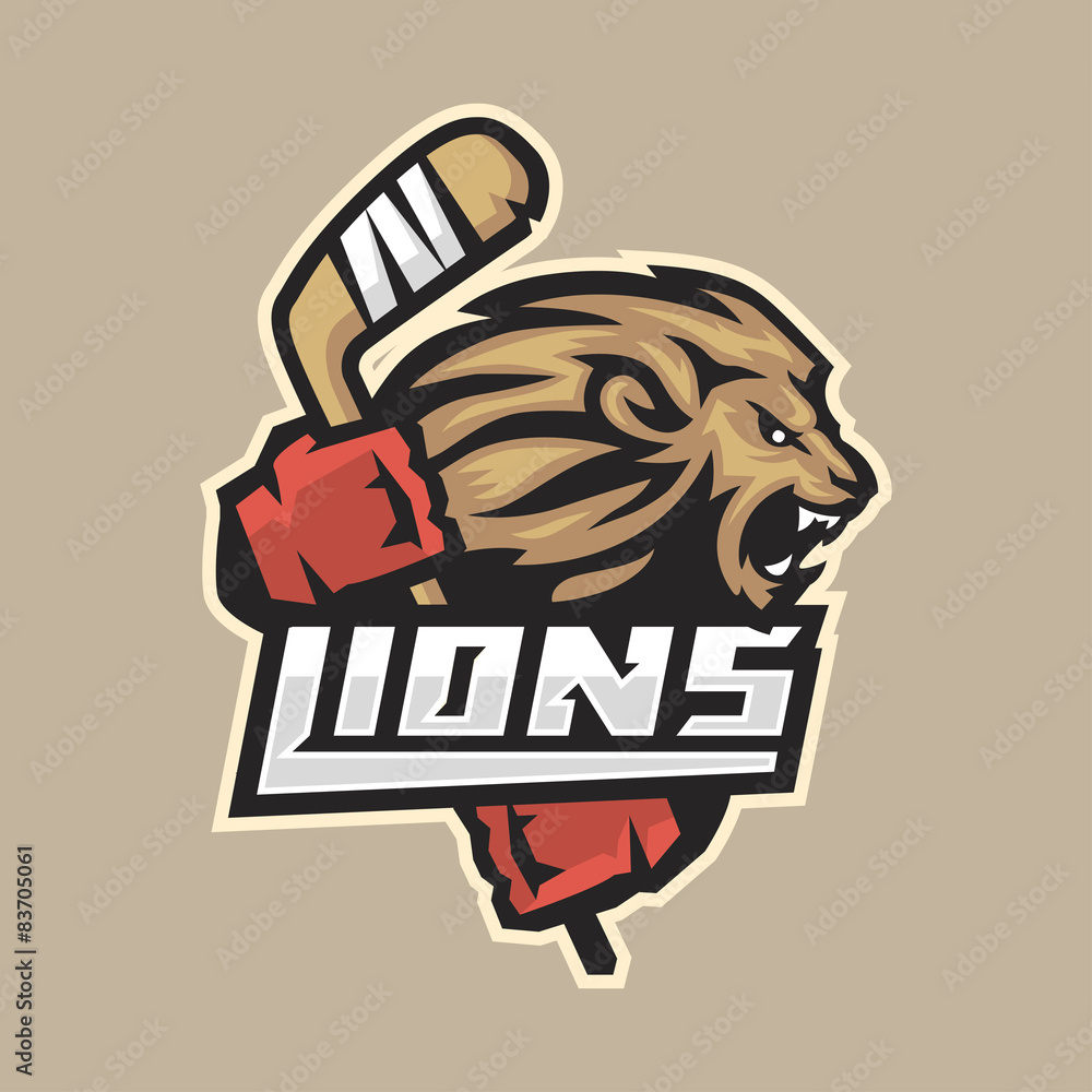 Fototapeta premium Hockey emblem ferocious lion with stick
