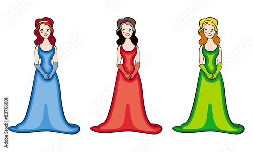 Girls in the multicolored evening gowns