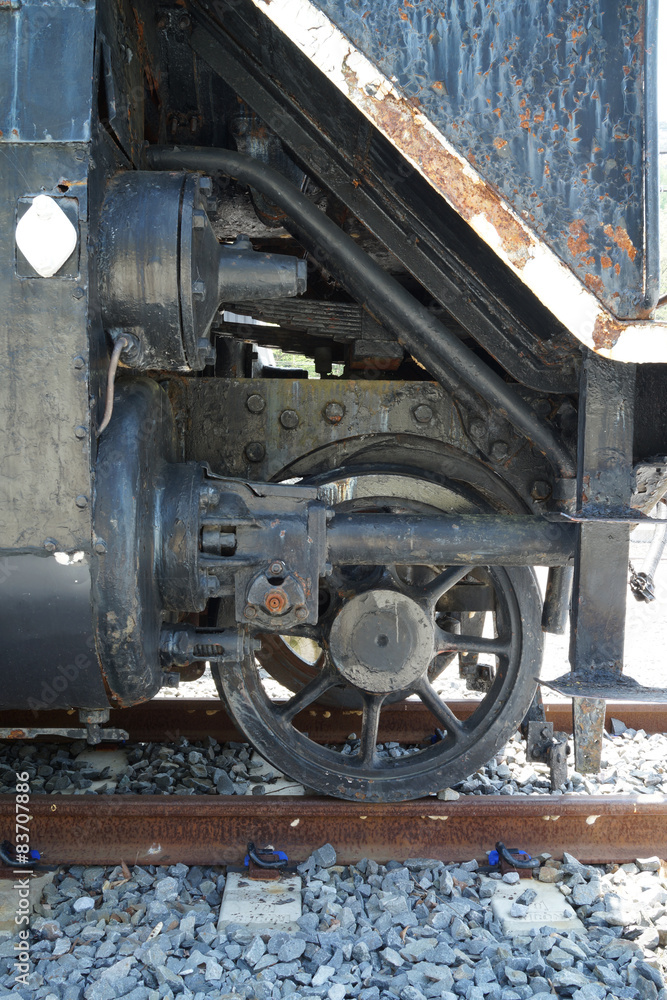 Metal details and wheels of the steam locomotive