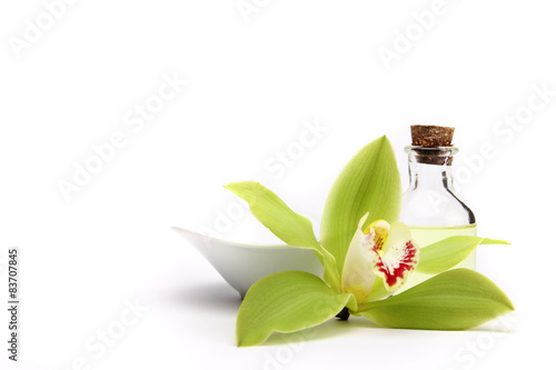Spa concept. Green orchid and spa oil, isolated on white. 