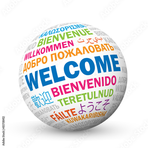 "WELCOME" sphere icon with translations in various languages