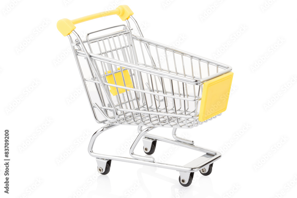 Yellow shopping cart on white, clipping path