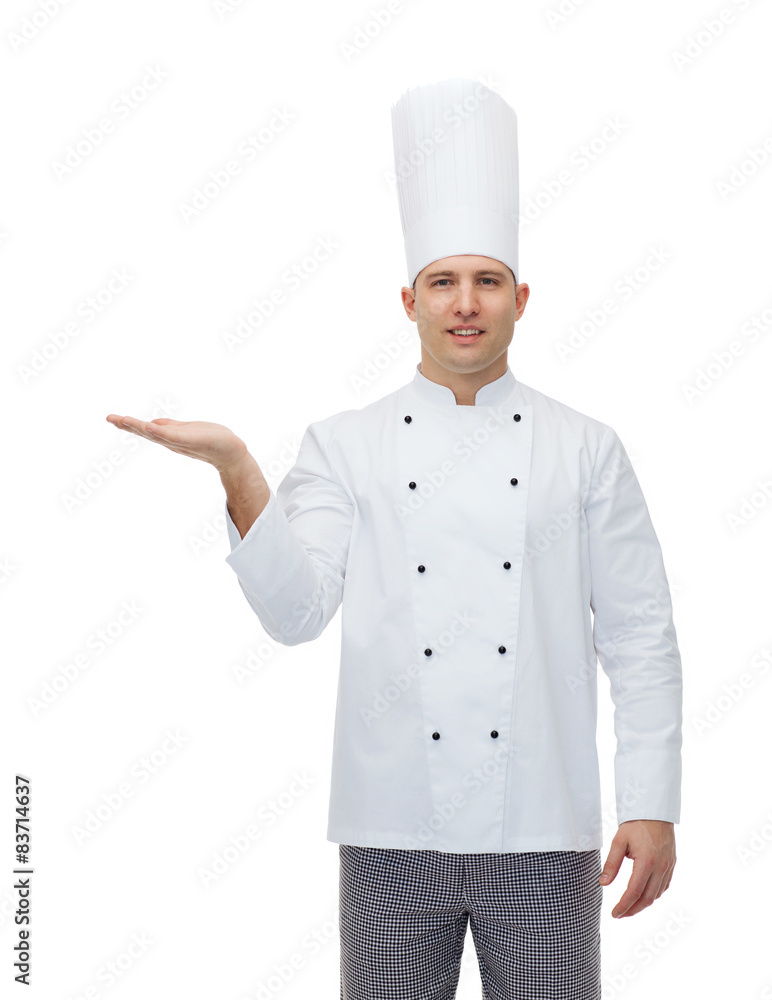 happy male chef cook showing empty palm happy male chef cook showing empty palm