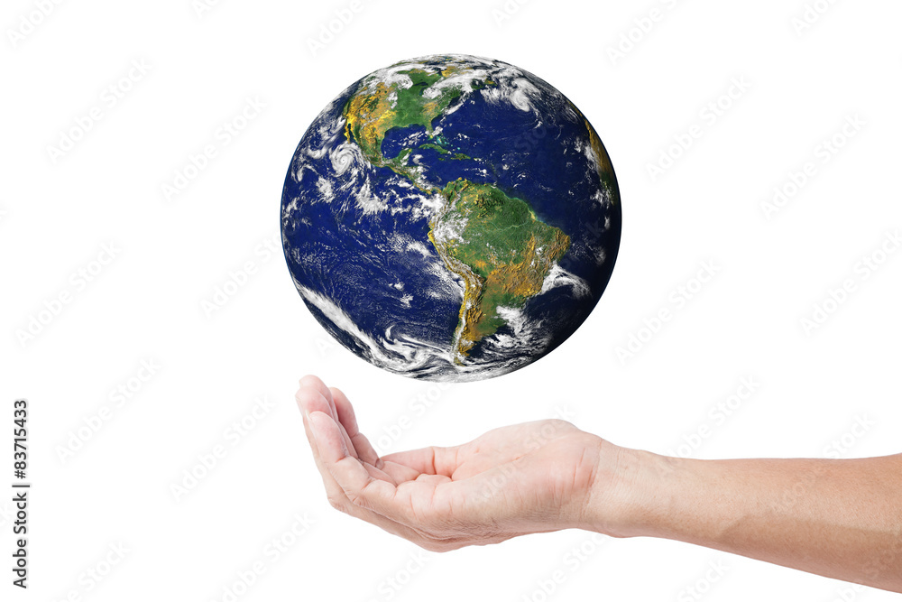 Hand with planet white background ,photo of Earth from NASA Hand with planet white background ,photo of Earth from NASA