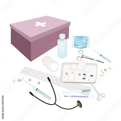 First Aid Box with Medical Supplies on White Background