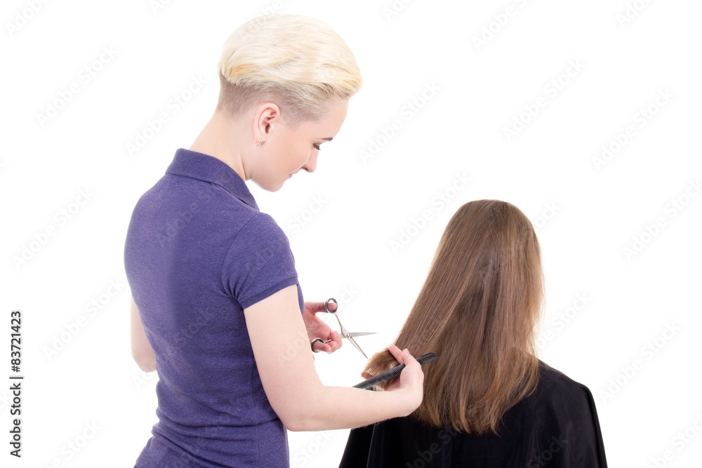 young beautiful blonde woman hairdresser doing haircut isolated young beautiful blonde woman hairdresser doing haircut isolated