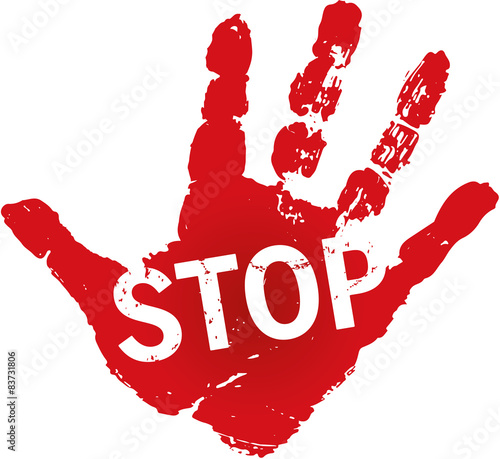 roter Handabdruck  mit Schrift Stop