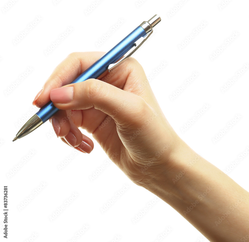 Female hand with pen isolated on white