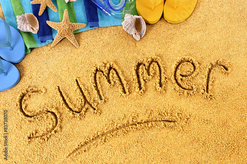 Summer beach writing word written in sand sunny tropical holiday vacation photo