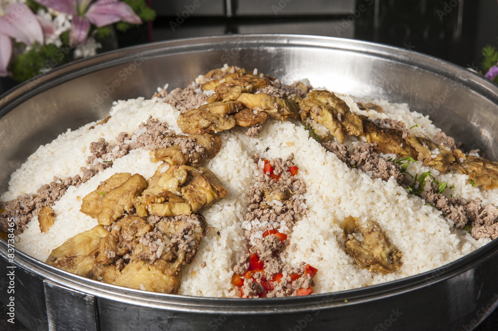 Oriental maklouba rice at a hotel restaurant buffet Oriental maklouba rice at a hotel restaurant buffet