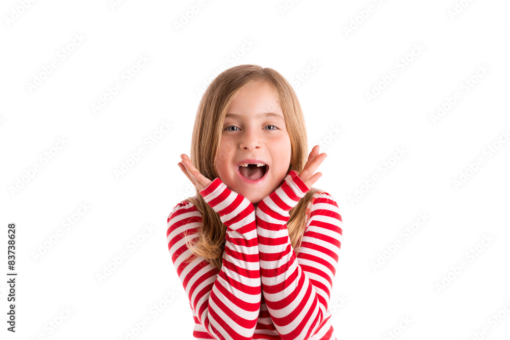 Blond indented kid open mounth hands happy Blond indented kid open mounth hands happy