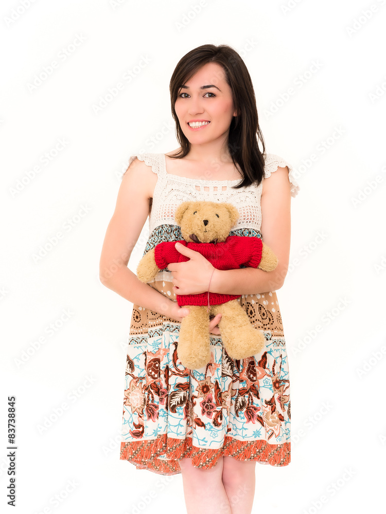 Pretty Smiling Young Female Embrace the Teddy Toy Pretty Smiling Young Female Embrace the Teddy Toy