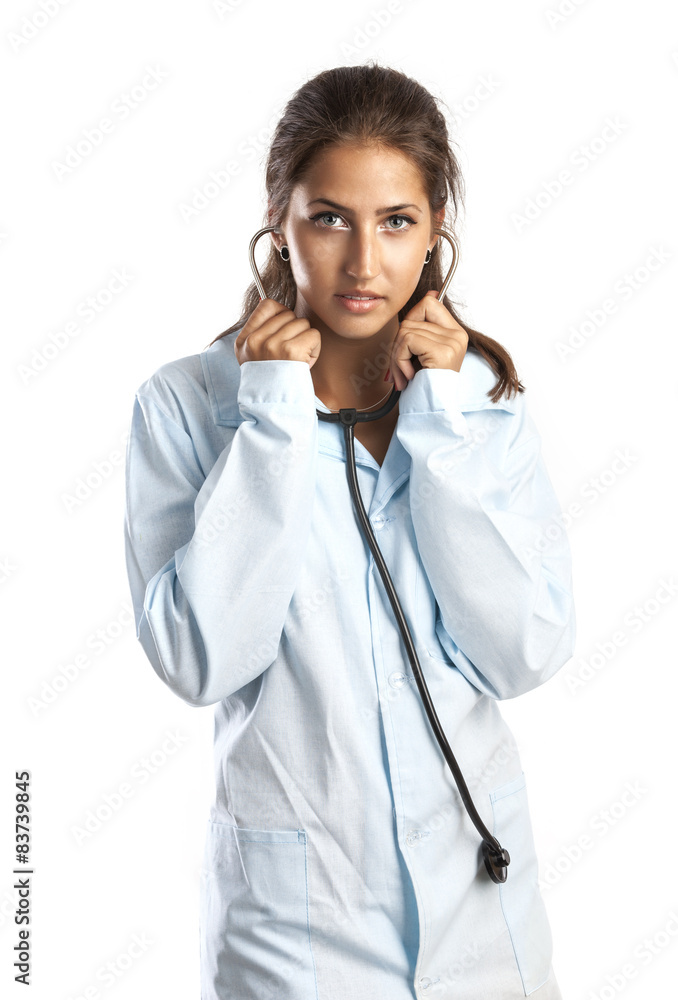 Female intern with stethoscope isolated over white Female intern with stethoscope isolated over white