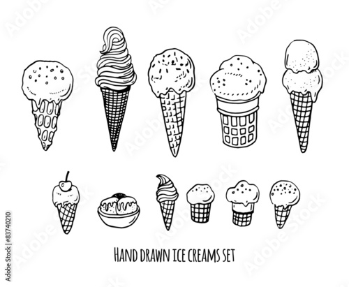 Hand drawn ice creams doodle set.