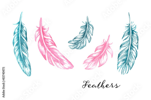 Hand drawn blue and pink watercolor feathers set for your design