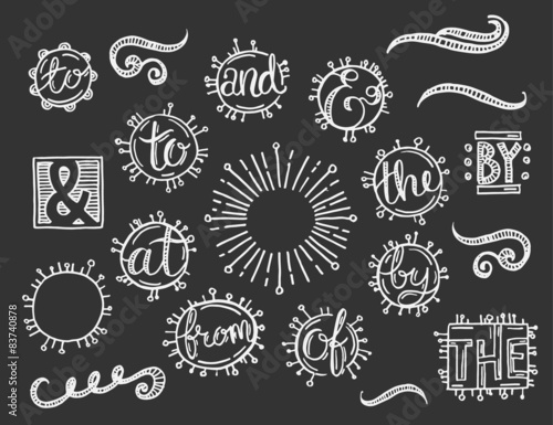 Hand drawn set.  Catchwords  with, and, in, to, for, from, the, of, by.