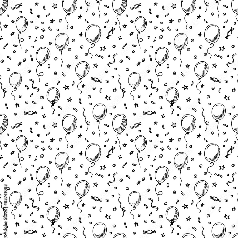 Hand drawn seamless pattern with doodle ballons. Birthday backround.