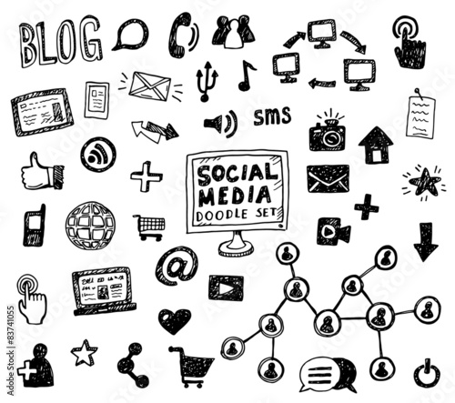 Hand drawn vector illustration set of social media sign and symbol doodles elements.