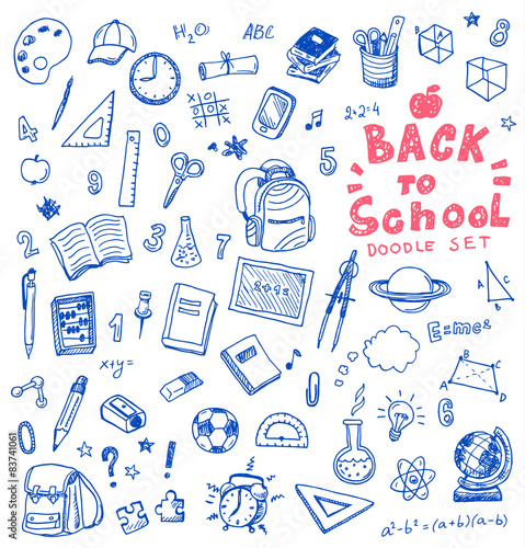 Hand drawn vector illustration set of school sign and symbol doodles elements.