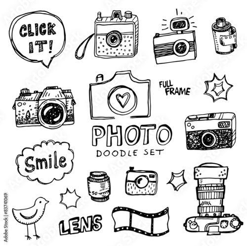 Hand drawn vector illustration set of photography sign and symbol doodles elements.
