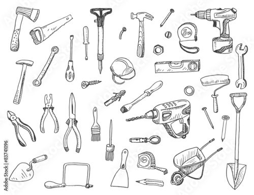 Hand drawn vector illustration set of construction tool doodles elements.