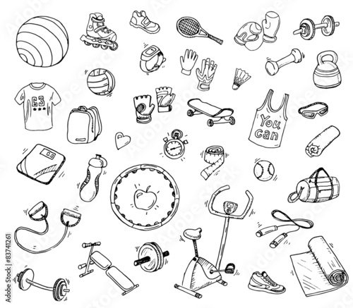 Hand drawn vector set of fitness and sport  elements.