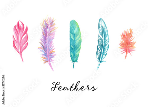 Hand drawn colorfull watercolor feathers set for your design.
