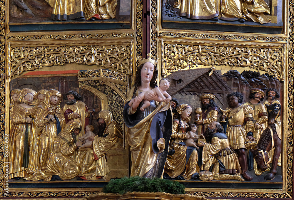 Virgin Mary with baby Jesus, altar in Maria am Berg church in Hallstatt, Austria.