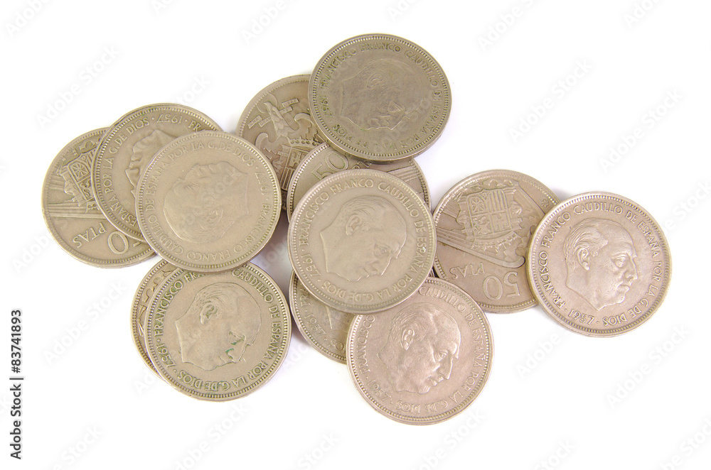 Bunch of old Spanish coins of 50 pesetas showing Franco dictator Bunch of old Spanish coins of 50 pesetas showing Franco dictator