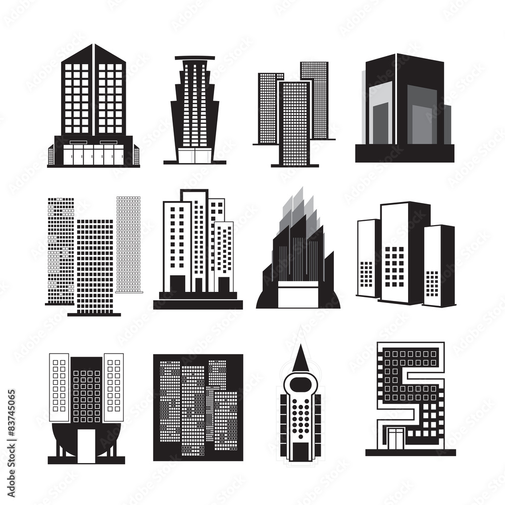 vectors set building black and white on white back ground