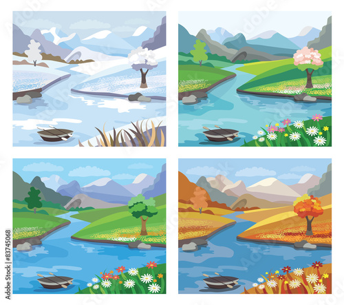 Beautiful landscape with river and mountains.Four season. (vecto