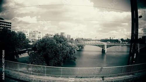 Train approaching Paris, panoramic view of river, bridges, buildings. 04