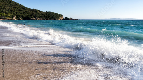 White sand beach and blue sky. Beach background in Greece