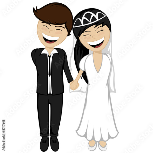 A beautiful bride and a bridegroom are holding hands