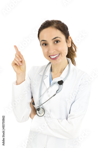 Smiling doctor showing product or copy space