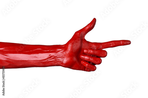 Red hand on white background, isolated, paint