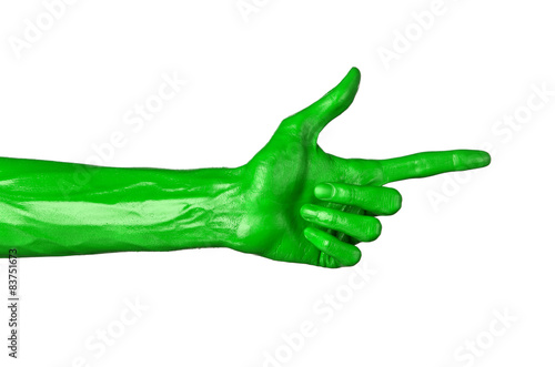 Green hand on white background, isolated, paint