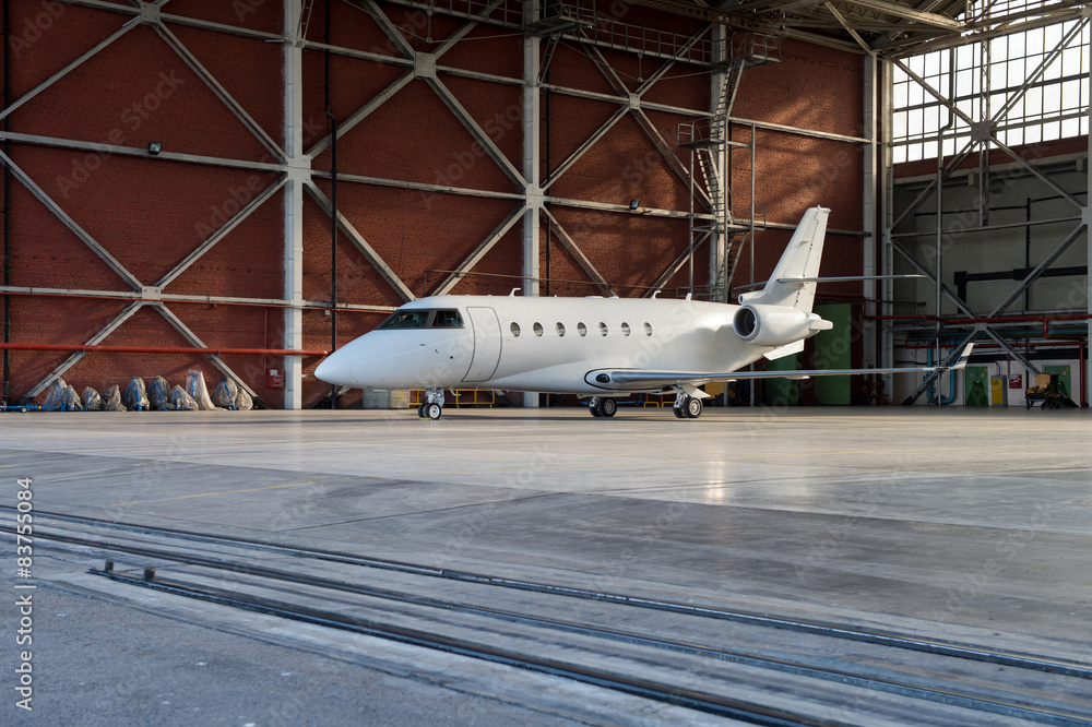 Fototapeta premium Business jet airplane is in hangar.