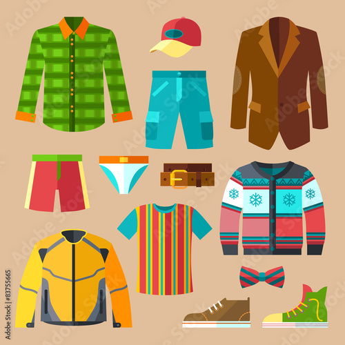  Flat Clothing Icons Set for Men with Accessories