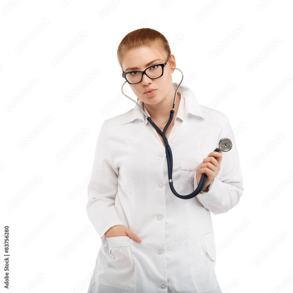 Young pretty female doctor in white uniform Young pretty female doctor in white uniform