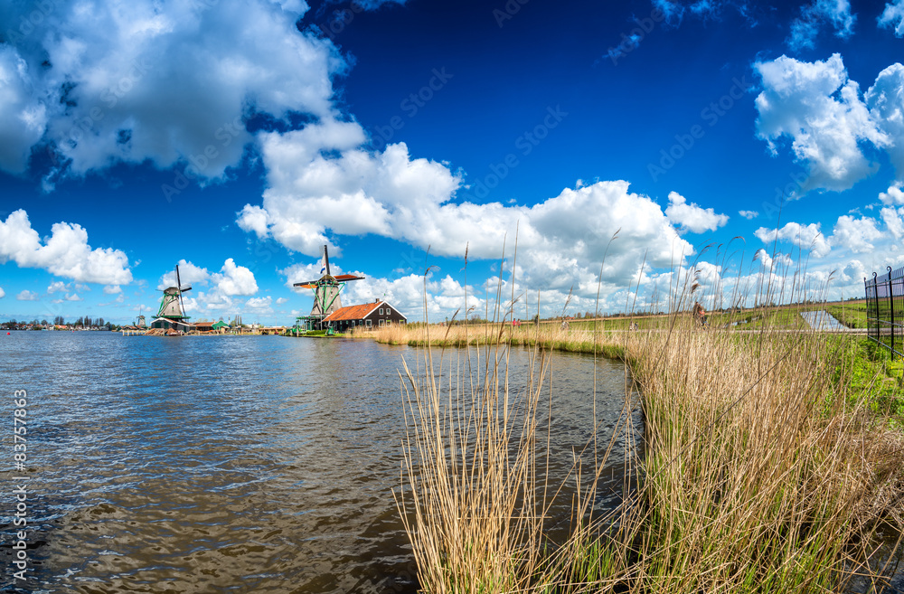 Fototapeta premium Zaanse Schans windmills along city canal, Netherlands