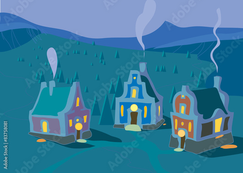 Three house with luminous windows at night. Vector