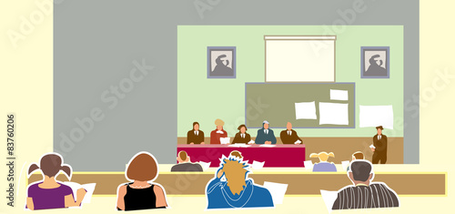 Lecture at the University, students in the audience. Vector