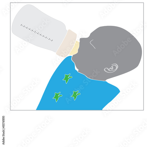 Baby drinking from milk bottle color vector illustration