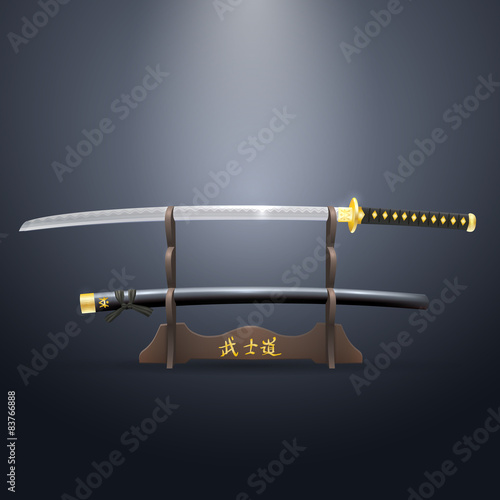 Realistic Samurai Sword and Scabbard on the Stand.