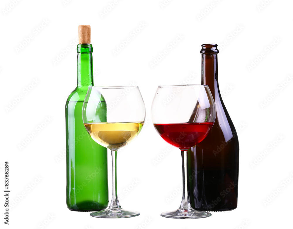 Red and white wine bottles on white background Red and white wine bottles on white background