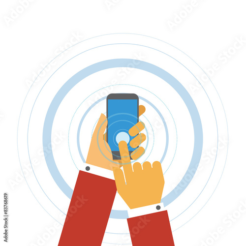 Hand hold phone touching cellphone screen concept